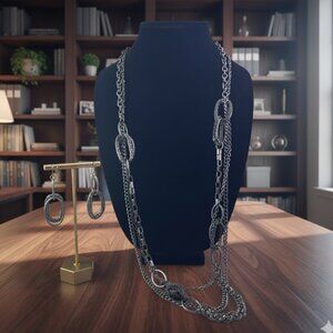 Premier Designs Necklace & Earring Set, Long dark silver with hoops and chains